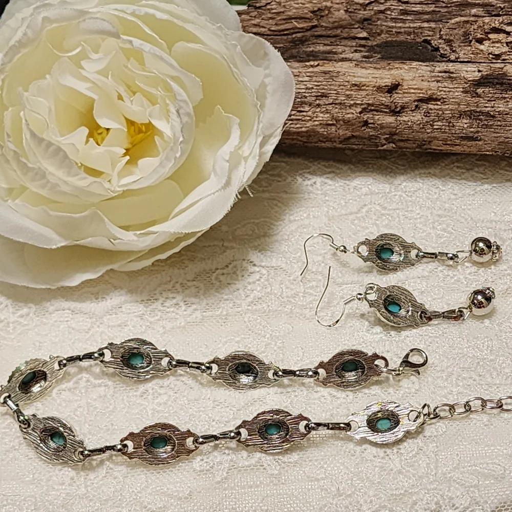 Reworked Hand Crafted Faux Silver and Faux Turquoise Jewelry Set